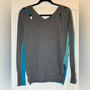 Oblique Creations Cut-Out V-Neck Sweater - Teal & Grey. Made in Italy. Medium